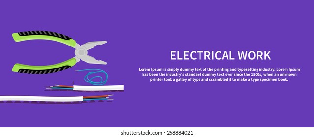 Electrical work. Metal pliers with tangled blue red electric cable, pliers cut the cable. Flat icon modern design style concept 