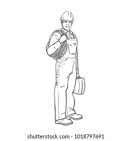 An electrical worker in overalls and a helmet. Black and white. Vector illustration.