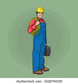 An electrical worker in overalls and a helmet. Vector illustration.