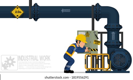 An electrical worker is  repairing the electrical cabinet on white background
