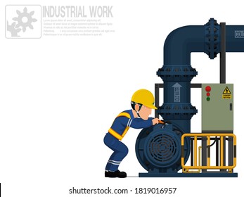 An electrical worker is  repairing pump on white background
