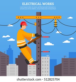 Electrical works flat vector illustration of electrician working with high voltage equipment on power line support 