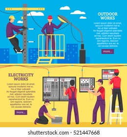 Electrical works horizontal banners with people working on power line support and pole flat vector illustration