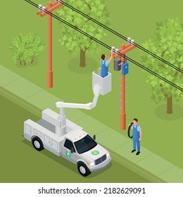 Electrical works isometric background with professional electricians working on power line support and pole vector illustration