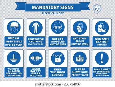 Electrically Mandatory Sign (hard hat, face shield must be worn, high visibility vest, respirator, welding mask, anti static gloves, turn off, safety goggles, protective cloth, ground terminal, belt)