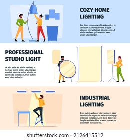 Electrician banners. Installing and decorating light bulbs in interior electrician engineers garish vector templates in colored style with place for text