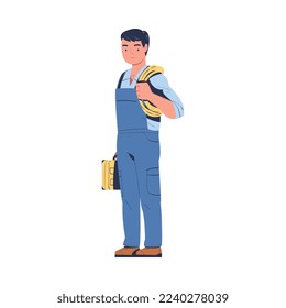 Electrician in Blue Uniform Standing with Rolled Wire and Toolbox for Working and Fixing Vector Illustration