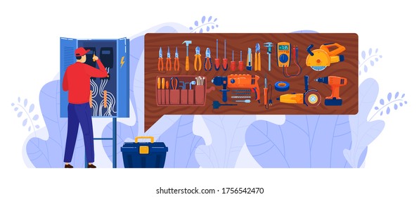 Electrician Box Vector Illustration. Cartoon Flat Repairman Character Working, Handyman Repairing Electric Board Panel Cabinet With Worker Service Electrical Equipment Tools Icon Isolated On White