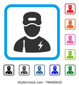 Electrician Boy icon. Flat gray pictogram symbol inside a blue rounded rectangle. Black, gray, green, blue, red, orange color variants of Electrician Boy vector.