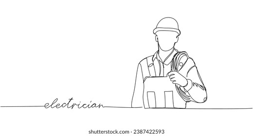 Electrician, builder with cable one line art. Continuous line drawing of repair, professional, hand, people, concept, support, maintenance with inscription, lettering, handwritten.