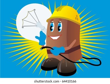 Electrician builder holding a light bulb and electric cord