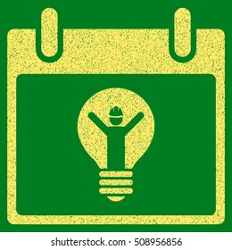 Electrician Calendar Day grainy textured icon for overlay watermark stamps. Flat symbol with dirty texture. Dotted vector yellow ink rubber seal stamp with grunge design on a green background.