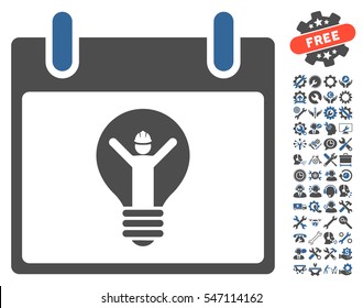 Electrician Calendar Day icon with bonus tools clip art. Vector illustration style is flat iconic symbols, cobalt and gray, white background.