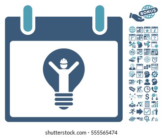 Electrician Calendar Day icon with bonus calendar and time management graphic icons. Vector illustration style is flat iconic symbols, cyan and blue, white background.