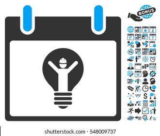 Electrician Calendar Day pictograph with bonus calendar and time management design elements. Vector illustration style is flat iconic symbols, blue and gray, white background.