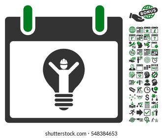Electrician Calendar Day pictograph with bonus calendar and time management graphic icons. Vector illustration style is flat iconic symbols, green and gray, white background.
