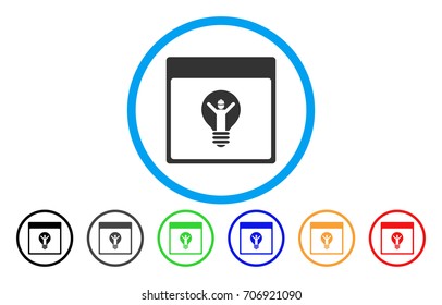 Electrician Calendar Page vector rounded icon. Image style is a flat gray icon symbol inside a blue circle. Additional color versions are gray, black, blue, green, red, orange.