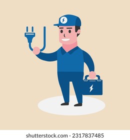 An electrician is carrying a bag ready on isolated background.Vector illustration.Flat design.