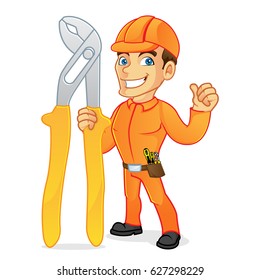 Electrician carrying pliers and giving thumb up isolated in white background 
