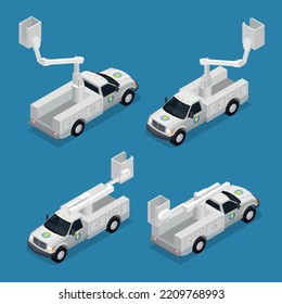 Automóviles eléctricos diseñados para trabajos de alta altitud iconos isométricos aislados en fondo azul ilustración vectorial aislada