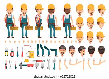 Electrician cartoon character creation set.Icons with different types of faces and hair style, emotions,icon,front, rear, side view of male person.Moving arms, legs.Vector Isolated on white background