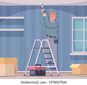 Electrician cartoon composition with home living room scenery and handyman standing on ladder changing power lines vector illustration