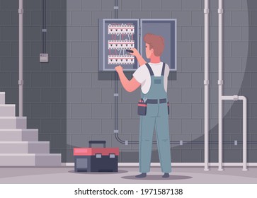 Electrician cartoon composition with indoor view of staircase and man in uniform working with power panel vector illustration