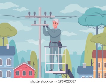 Electrician cartoon composition with outdoor scenery and man in uniform working with power lines on post vector illustration
