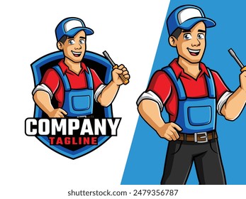 Electrician Cartoon holding Screw Driver Mascot Logo for Your Business