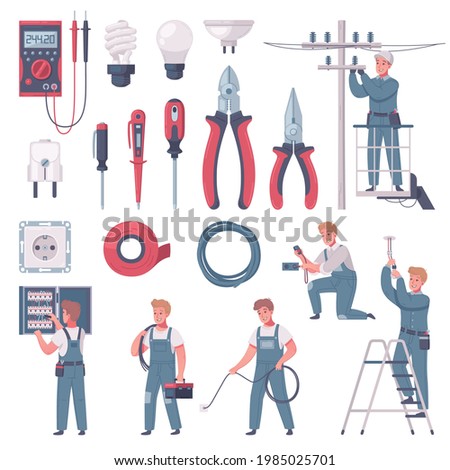 Electrician cartoon set of isolated handyman characters with icons of various manual tools and electric appliances vector illustration
