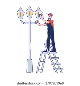 Electrician changing light bulbs in street light. Lineman repair streetlight change lamp. City service repairman working standing on ladder and wearing uniform. Linear vector illustration
