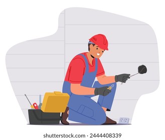 El Personaje Electricista Instala Un Enchufe En Casa Cortando La Pared, Conectando El Cableado, Asegurando El Enchufe Y Probando La Funcionalidad Y La Seguridad. Ilustración vectorial de Personas de dibujos animados