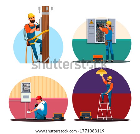 Electrician character performing electrical work indoor and outdoor. Professional people with tool and electrical facilities scene set. High voltage equipment, power line support, repair light at home