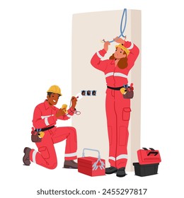 Personajes Electricistas Reparando E Instalando El Sistema De Cableado Eléctrico. Workman Fijando Cables Y Alambres Con Herramientas. Handyman Trabajando Con Electricidad Aislada En Blanco. Ilustración vectorial de dibujos animados