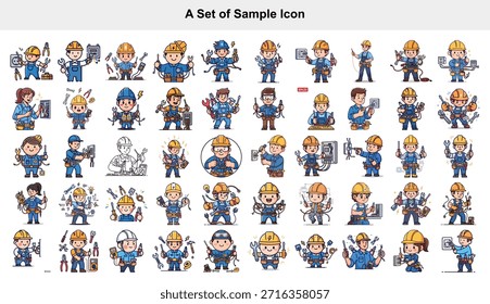 Conjunto de personajes de electricista con herramientas y equipos