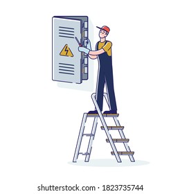 Electrician checking breaker switch box. Engineer works with electrical service panel cabinet. Cartoon technician at work. Maintenance and repair concept. Linear vector illustration