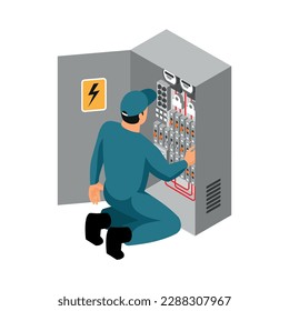 Electrician checking or fixing electric equipment 3d isometric vector illustration