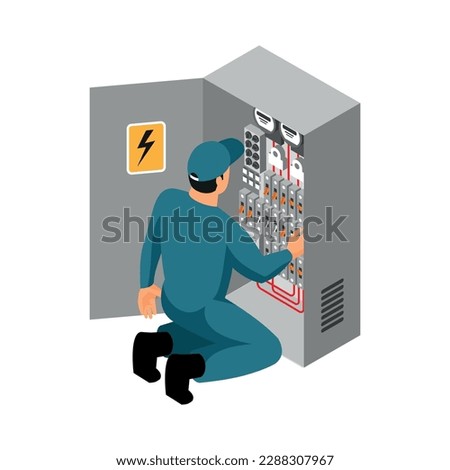 Electrician checking or fixing electric equipment 3d isometric vector illustration