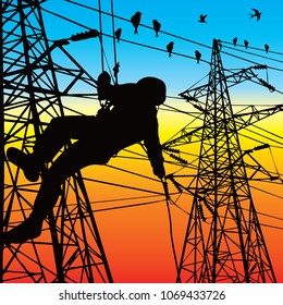 Electrician climbing electric pole, 
Silhouette background