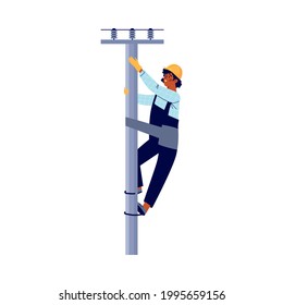 Electrician climbing a pole to fix an electrical breakdown, flat vector illustration isolated on white background. Electrical company staff repair electrical grids.