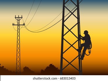 Electrician climbing the tower, against the sunset Flat style vector illustration clipart.