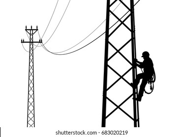 Electrician climbing the tower, against the sunset. Black and white drawing. Flat style vector illustration clipart.