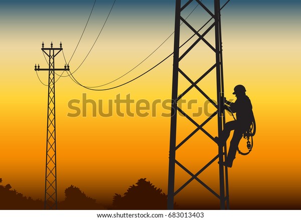 夕焼けの平らなスタイルのベクターイラストクリップアートを背景に 電気技師が塔を登ります のベクター画像素材 ロイヤリティフリー 683013403