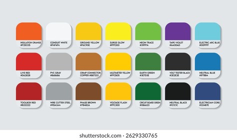 Paleta de cores de eletricista - Guia de amostras de catálogo de eletricista com amostras de cores temáticas com códigos HEX. Paleta de cores de profissões eletricistas com tecnologia inspirada e tom temático eletricista 2026