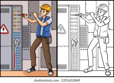 Electrician Coloring Page Colored Illustration