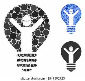 Electrician composition of round dots in various sizes and shades, based on electrician icon. Vector round dots are composed into blue collage. Dotted electrician icon in usual and blue versions.