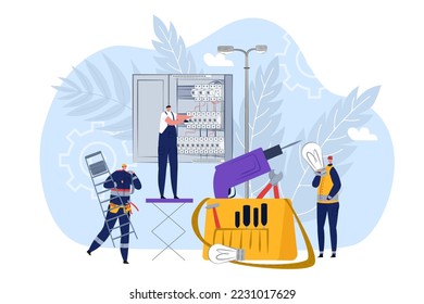 Electrician concept, electric technician worker, vector illustration. Professional electricity maintenance, electrical power service design.