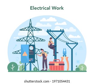 Electrician concept. Electricity works service worker in the uniform repair electrical element. Technician repair, meter installation and energy saving. Flat vector illustration