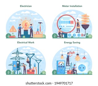 Electrician concept set. Electricity works service worker in the uniform