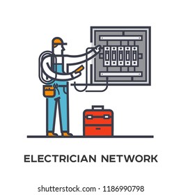 Electrician conducts electricity in the electrical panel. Stages of construction. lined icon, icons. Advertising booklet site infographic Vector illustration